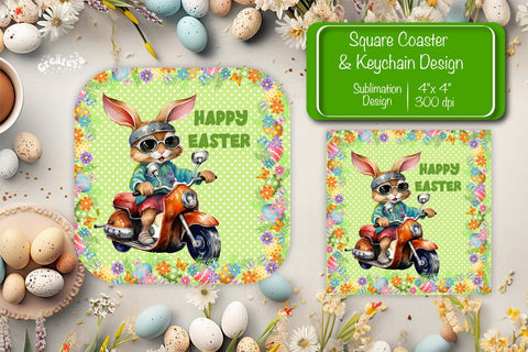 Square Easter coaster Easter Funny Bunny Sublimation coaster design Watercolor PNG Square keychain Sublimation Createya Design 
