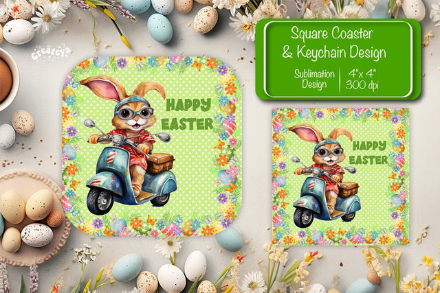 Square Easter coaster Easter Funny Bunny Sublimation coaster design Watercolor PNG Square keychain Sublimation Createya Design 