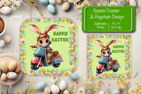 Square Easter coaster Easter Funny Bunny Sublimation coaster design Watercolor PNG Square keychain Sublimation Createya Design 