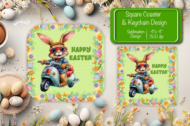 Square Easter coaster Easter Funny Bunny Sublimation coaster design Watercolor PNG Square keychain Sublimation Createya Design 