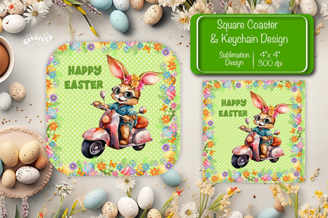 Square Easter coaster Easter Funny Bunny Sublimation coaster design Watercolor PNG Square keychain Sublimation Createya Design 