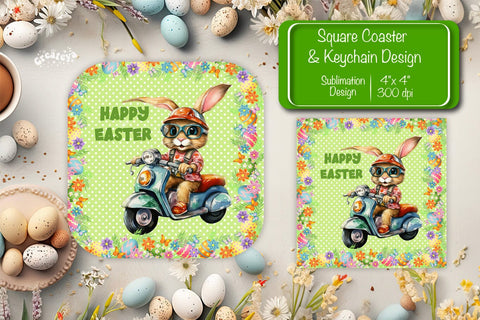 Square Easter coaster Easter Funny Bunny Sublimation coaster design Watercolor PNG Square keychain Sublimation Createya Design 