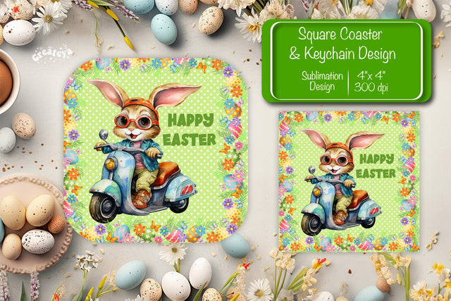 Square Easter coaster Easter Funny Bunny Sublimation coaster design Watercolor PNG Square keychain Sublimation Createya Design 