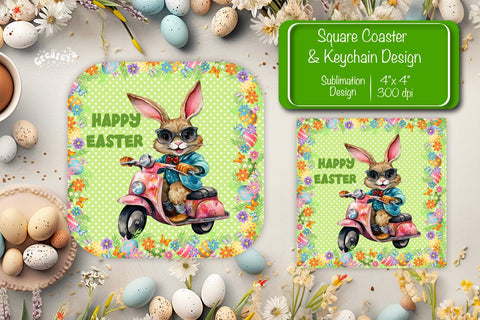 Square Easter coaster Easter Funny Bunny Sublimation coaster design Watercolor PNG Square keychain Sublimation Createya Design 