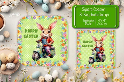 Square Easter coaster Easter Funny Bunny Sublimation coaster design Watercolor PNG Square keychain Sublimation Createya Design 