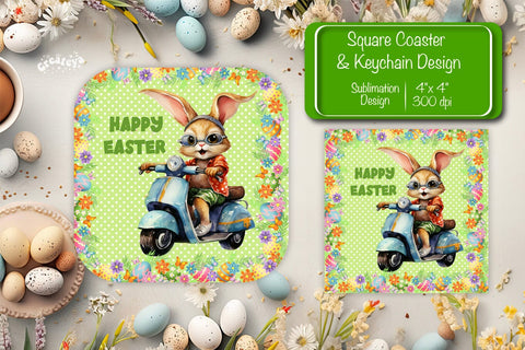 Square Easter coaster Easter Funny Bunny Sublimation coaster design Watercolor PNG Square keychain Sublimation Createya Design 