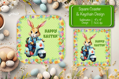 Square Easter coaster Easter Funny Bunny Sublimation coaster design Watercolor PNG Square keychain Sublimation Createya Design 