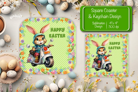 Square Easter coaster Easter Funny Bunny Sublimation coaster design Watercolor PNG Square keychain Sublimation Createya Design 