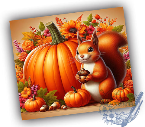 Squirrel Fall 20oz Skinny Tumbler PNG, Autumn Pumpkins Flowers Tumbler Sublimation Wrap, Straight & Tapered Tumbler Wrap, Instant Digital Download Sublimation ToriDesigns 