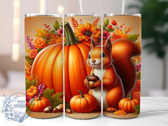 Squirrel Fall 20oz Skinny Tumbler PNG, Autumn Pumpkins Flowers Tumbler Sublimation Wrap, Straight & Tapered Tumbler Wrap, Instant Digital Download Sublimation ToriDesigns 