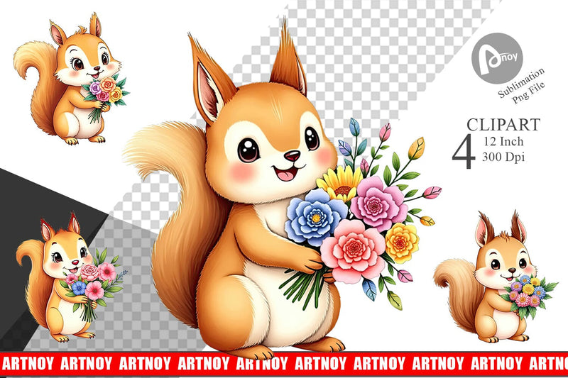 Squirrel Spring Bouquet Clipart Sublimation artnoy 