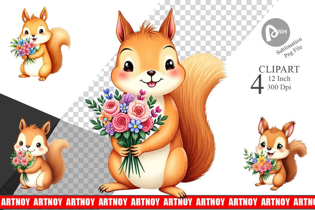 Squirrel Spring Bouquet Clipart Sublimation artnoy 