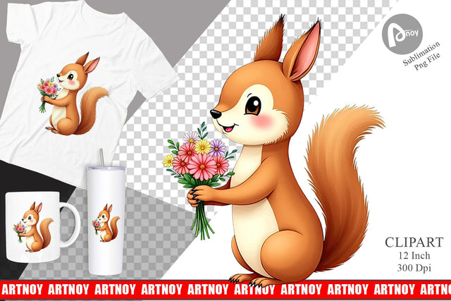 Squirrel Spring Bouquet Clipart Sublimation artnoy 