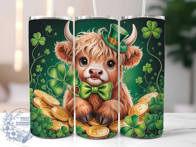 St Patrick Highland Cow Tumbler, Highland Cow, Irish Cow, Shamrock Theme, Festive Green, 20Oz Tumbler, Sublimation Wrap Sublimation ToriDesigns 