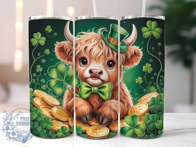 St Patrick Highland Cow Tumbler, Highland Cow, Irish Cow, Shamrock Theme, Festive Green, 20Oz Tumbler, Sublimation Wrap Sublimation ToriDesigns 