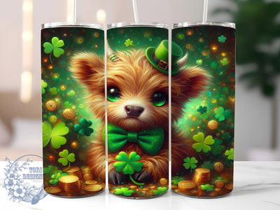 St Patrick Highland Cow Tumbler, Highland Cow, Irish Cow, Shamrock Theme, Festive Green, 20Oz Tumbler, Sublimation Wrap Sublimation ToriDesigns 