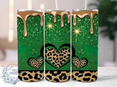 St Patrick Leopard Heart Glitter Tumbler, Leopard Heart, Green Glitter, Shamrock Design, Sublimation Art, 20oz Tumbler, Festive Wrap Sublimation ToriDesigns 