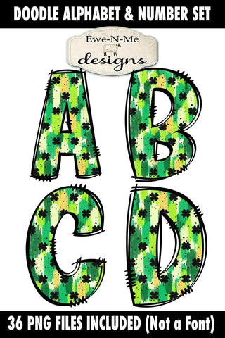 St Patricks Brush Stroke Doodle Alphabet Numbers | PNG Files Sublimation Ewe-N-Me Designs 