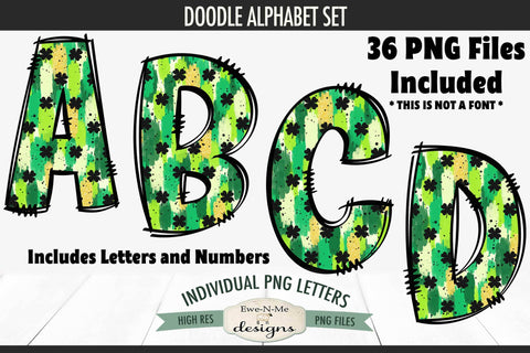 St Patricks Brush Stroke Doodle Alphabet Numbers | PNG Files Sublimation Ewe-N-Me Designs 