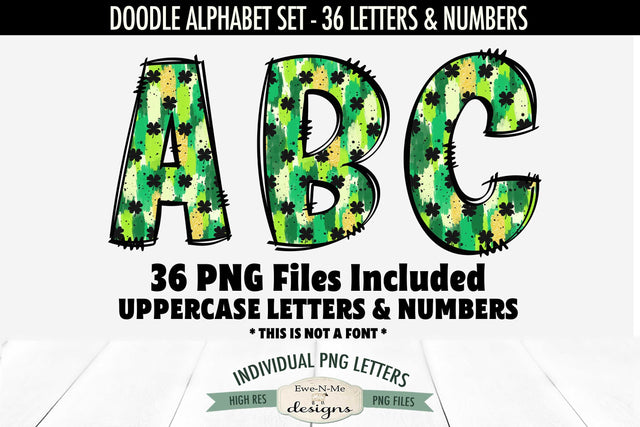 St Patricks Brush Stroke Doodle Alphabet Numbers | PNG Files Sublimation Ewe-N-Me Designs 