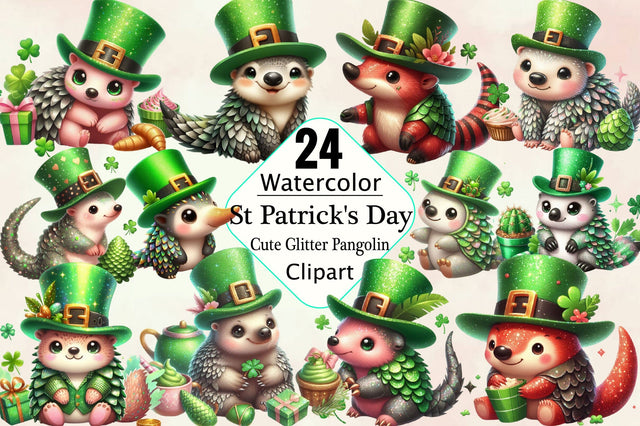 St Patrick's Day Cute Glitter Pangolin Clipart Bundle Sublimation SVGArt 