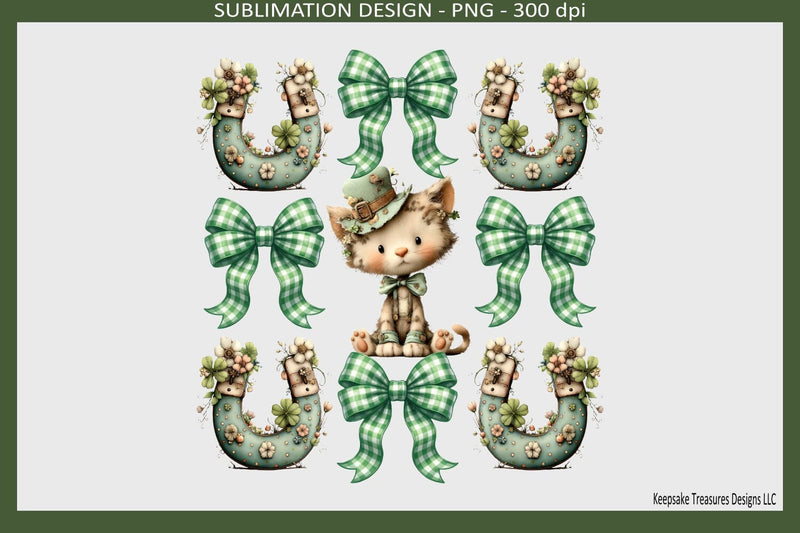 St. Patrick’s Day Cute Kitty, Coquette Bows Sublimation T-Shirt Png Design Sublimation Keepsake Treasures Designs LLC. 