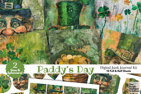 St. Patrick's Day Digital Junk Journal Kit Half Pages Digital Pattern Fine Purple Elephant Creations 