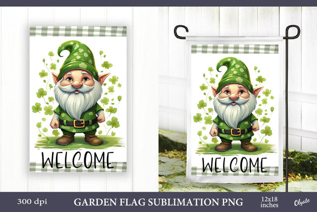 St Patricks Day Garden Flag PNG. Green Gnome PNG Sublimation Olga Terlyanskaya 