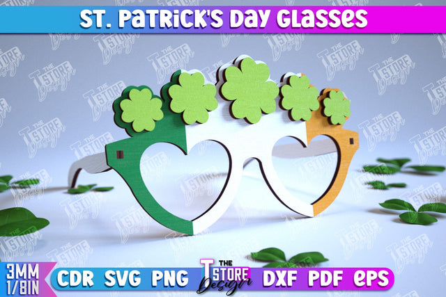 St. Patrick's Day Glasses Laser Cut Design, 3d Wooden Glasses SVG, Kiss me I'm Irish Wooden Glasses SVG The T Store Design 