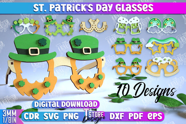 St. Patrick's Day Glasses Laser Cut Design Bundle, Wooden Glasses, Happy St. Patrick's Day Glasses, Clover svg SVG The T Store Design 