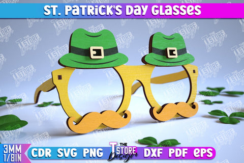St. Patrick's Day Glasses Laser Cut Design Bundle, Wooden Glasses, Happy St. Patrick's Day Glasses, Clover svg SVG The T Store Design 