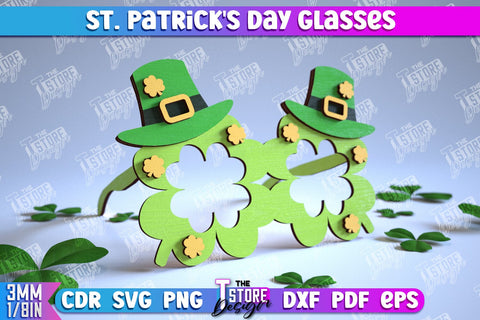 St. Patrick's Day Glasses Laser Cut Design Bundle, Wooden Glasses, Happy St. Patrick's Day Glasses, Clover svg SVG The T Store Design 