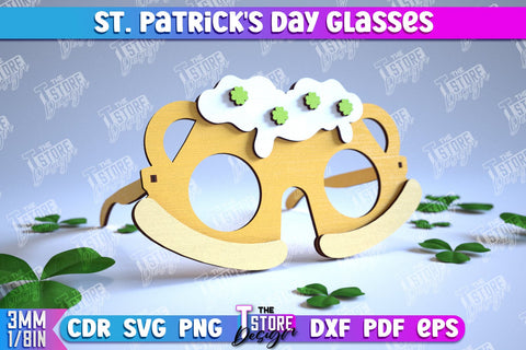 St. Patrick's Day Glasses Laser Cut Design Bundle, Wooden Glasses, Happy St. Patrick's Day Glasses, Clover svg SVG The T Store Design 