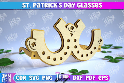 St. Patrick's Day Glasses Laser Cut Design Bundle, Wooden Glasses, Happy St. Patrick's Day Glasses, Clover svg SVG The T Store Design 