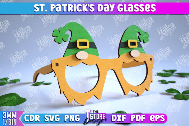 St. Patrick's Day Glasses Laser Cut Design, Wooden Glasses, 3d Gnome Wooden Glasses SVG The T Store Design 
