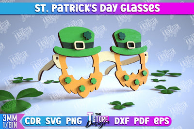 St. Patrick's Day Glasses Laser Cut Design, Wooden Glasses, Happy St. Patrick's Day Glasses, Clover svg, SVG The T Store Design 