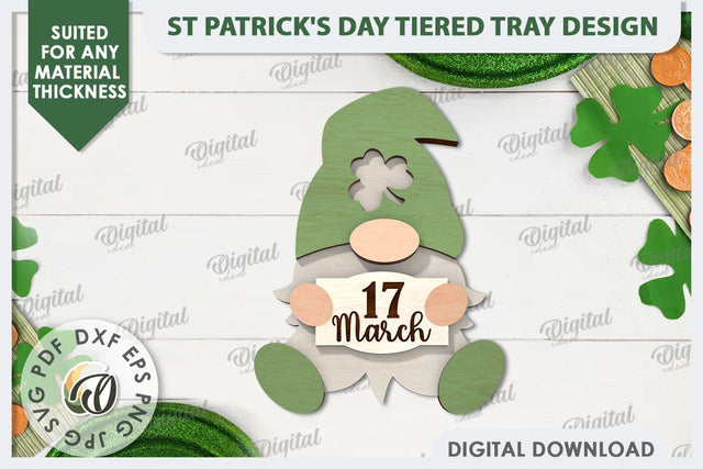 St Patrick's Day Gnome LaserCut. Lucky Charm Tiered Tray SVG SVG Evgenyia Guschina 