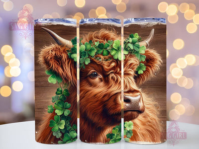 St Patricks Day Highland Cow, 20oz Tumbler Wrap PNG, Sublimation Design, Cow Tumbler Sublimation SvggirlplusArt 
