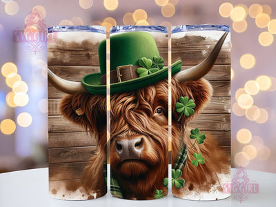 St Patricks Day Highland Cow, 20oz Tumbler Wrap PNG, Sublimation Design, Cow Tumbler Sublimation SvggirlplusArt 