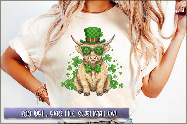 St. Patricks Day Highland Cow Shamrocks PNG Sublimation Shetara Begum 