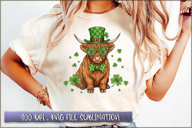 St. Patricks Day Highland Cow Shamrocks PNG Sublimation Shetara Begum 