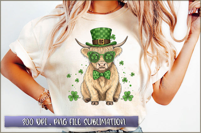 St. Patricks Day Highland Cow Shamrocks PNG Sublimation Shetara Begum 