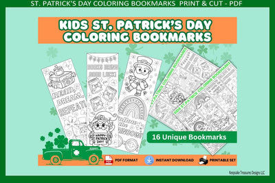 St. Patrick’s Day Kids Coloring Bookmarks Printable PDF – Fun Shamrock Print and Cut Activity for Classroom Party Favors Sublimation Keepsake Treasures Designs LLC. 