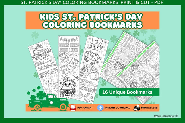 St. Patrick’s Day Kids Coloring Bookmarks Printable PDF – Fun Shamrock Print and Cut Activity for Classroom Party Favors Sublimation Keepsake Treasures Designs LLC. 