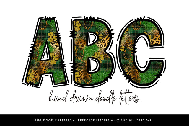 St. Patrick’s Day Leopard Doodle Letters, Green Glitter Alphabet Sublimation BijouBay 