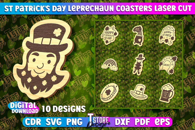 St. Patrick's Day Leprechaun Coasters | Laser Cutting File | CNC File SVG The T Store Design 