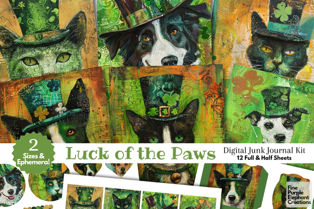 St. Patrick's Day Pets Digital Junk Journal Kit Half Pages Digital Pattern Fine Purple Elephant Creations 
