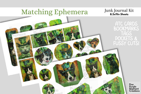 St. Patrick's Day Pets Digital Junk Journal Kit Half Pages Digital Pattern Fine Purple Elephant Creations 