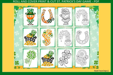 St Patrick’s Day Roll and Cover Math Game Printable PDF, Kids Coloring Activity, Print and Cut Classroom or Home Learning Sublimation Keepsake Treasures Designs LLC. 