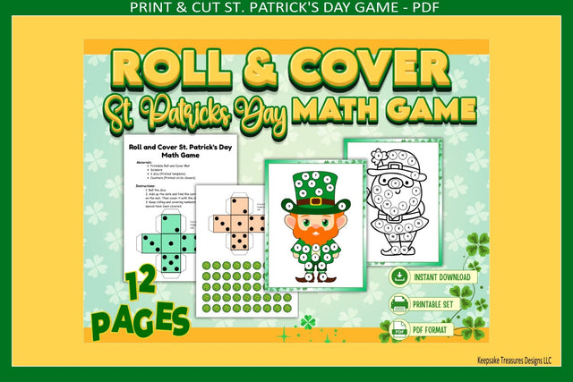 St Patrick’s Day Roll and Cover Math Game Printable PDF, Kids Coloring Activity, Print and Cut Classroom or Home Learning Sublimation Keepsake Treasures Designs LLC. 